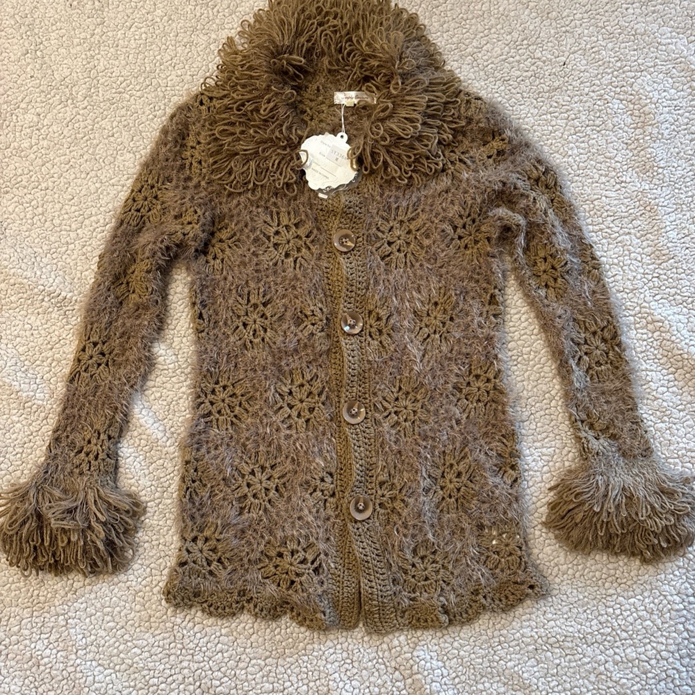 Simply couture mohair crochett button up cardigan sweater beige sz Medium